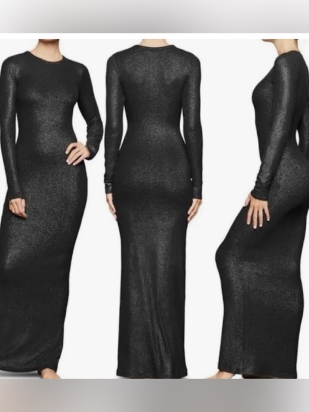 Skims Long Sleeve Black Metallic Maxi Dress